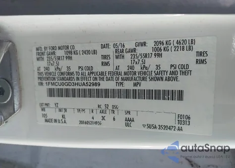 2017 Ford Escape Se from USA, damaged, VIN 1FMCU0GD3HUA52989